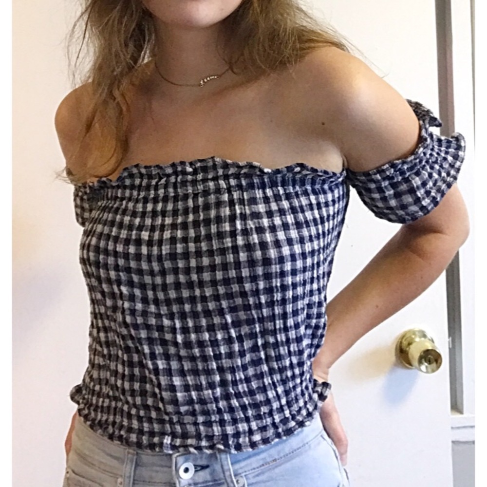 LAST CHANCE**Blue Gingham Off the Shoulder CropTop